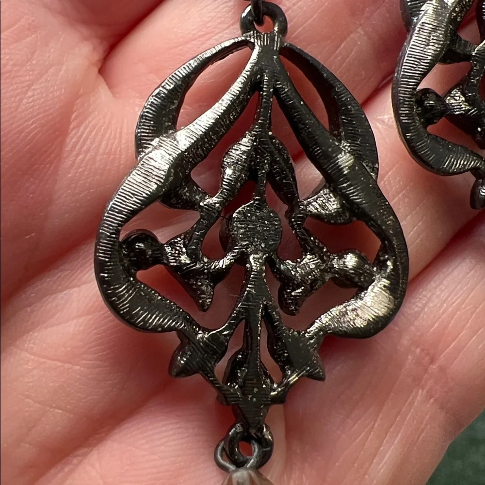 Elegant Ornate Gothic Gunmetal Rhinestone Dangle Earrings